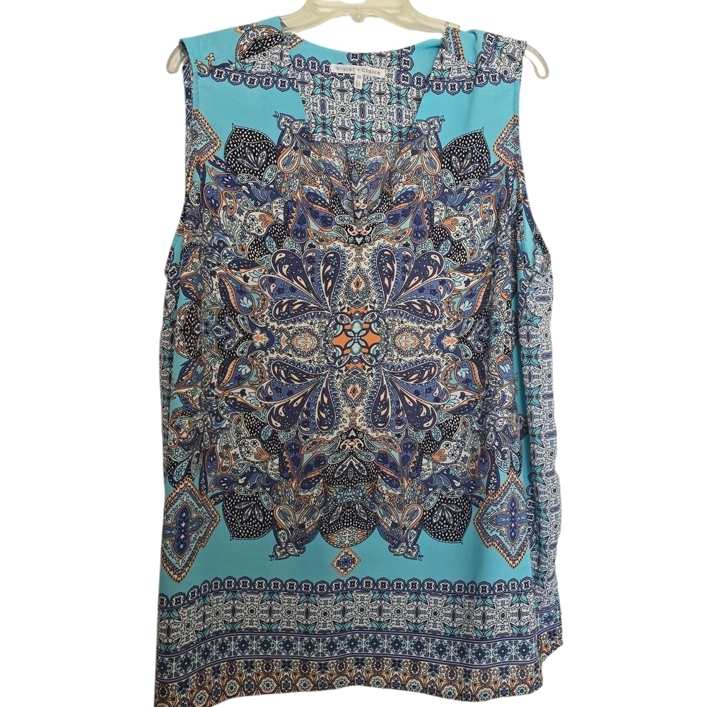 Violet & Claire Aqua Blue Orange Paisley Sleeveless Top